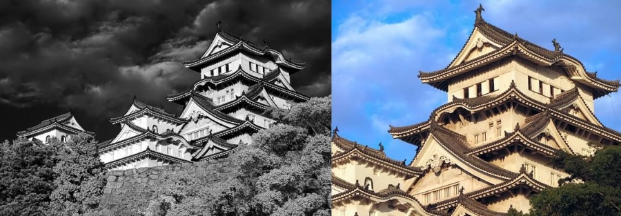 Himeji Castle, Japan.  The color photo is by no meanshorrible, but lacks the drama of the IR one's contrast between the castle and dark sky.  Lowell Silverman photography, 2007
