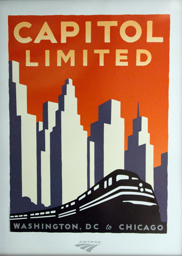 The Capitol Limited poster displayed in one of the Sleepers; Amtrak's other long distance trains have similar art reminiscent of a wood block print