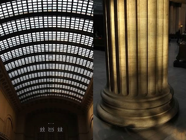 Views of the great hall's enormous skylight and columns