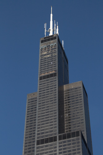 Towering above Union Station and the surrounding city, locals still call the Willis Tower the Sears Tower; for a quarter century, it was the tallest building on Earth.  Lowell Silverman photography, 2015
