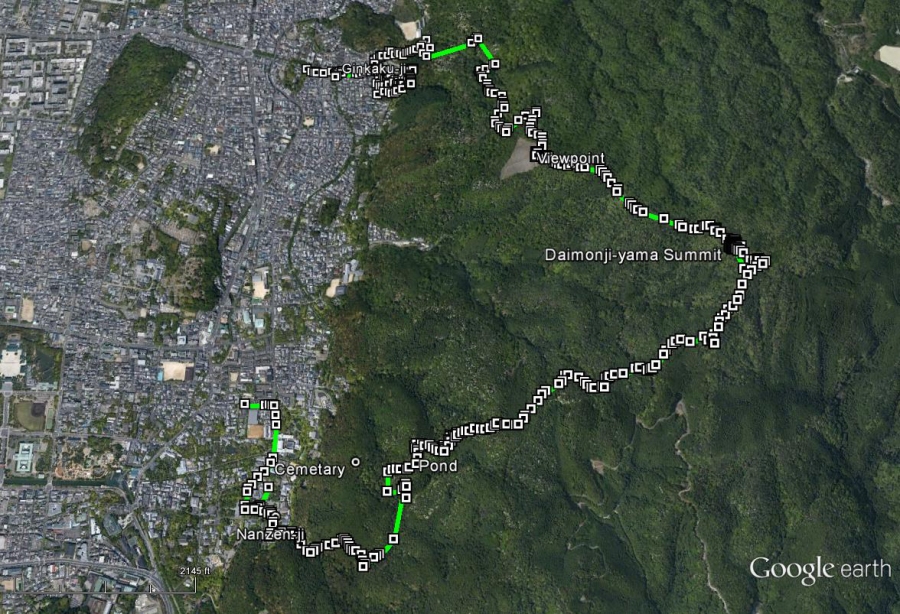 Daimonji-yama Map from 2007 GPS track via Google Maps. The cemetery from 2005 is also marked