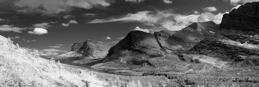 Panorama of the Many Glacier area in infrared from the Iceberg-Ptarmigan Trail.